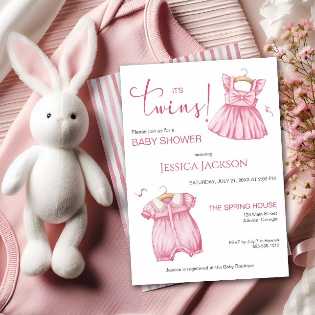 It's Twins Pink Script Baby Dresses Invitation (Creator Uploaded)