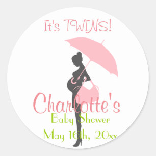 It's TWINS! Pink Silhouette Baby Shower Classic Round Sticker
