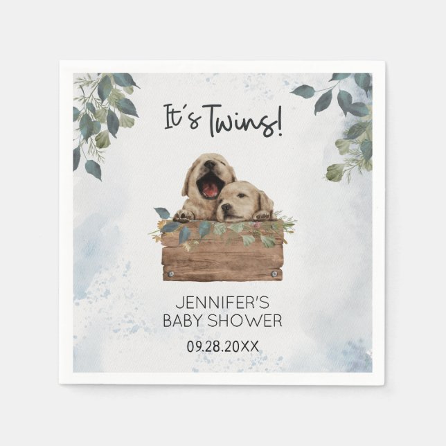 It's Twins! Puppies Watercolor Baby Shower Napkins (Front)