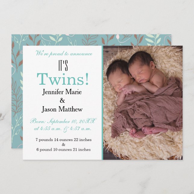 It's Twins Teal Photo Birth Announcement (Front/Back)