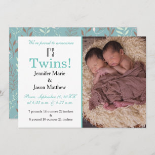 It's Twins Teal Photo Birth Announcement
