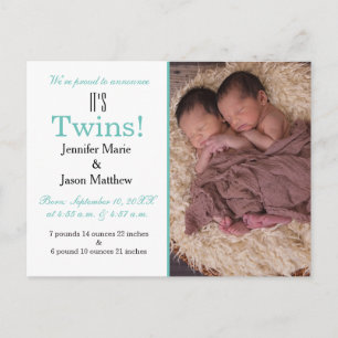 It's Twins Teal Photo Birth Announcement Postcard