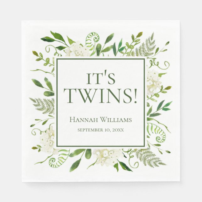 It's Twins White Hydrangeas Baby Shower Napkin (Front)
