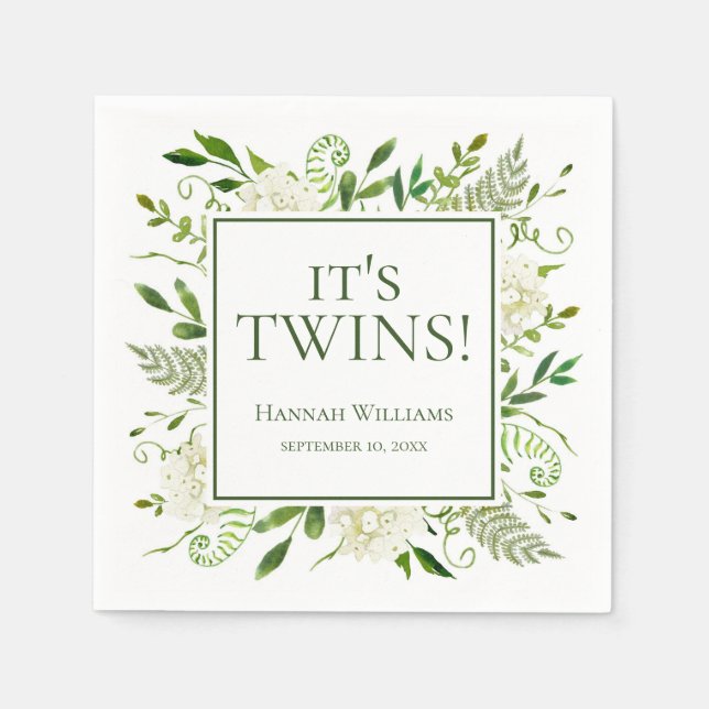 It's Twins White Hydrangeas Baby Shower Napkin (Front)