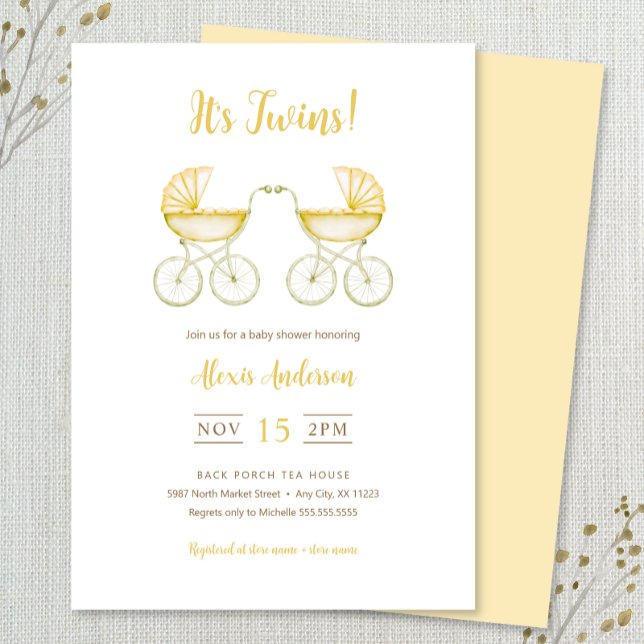 It's Twins with yellow Carriages Baby Shower Invitation (Creator Uploaded)