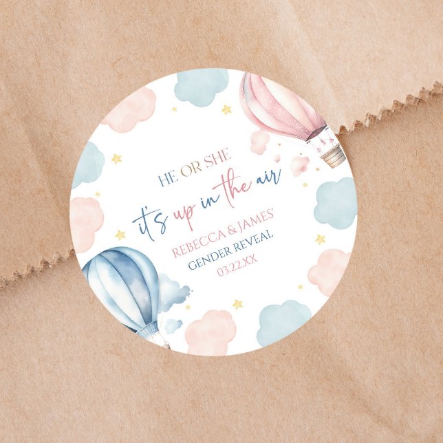 It's Up In The Air Hot Air Balloon Gender Reveal Classic Round Sticker (Creator Uploaded)