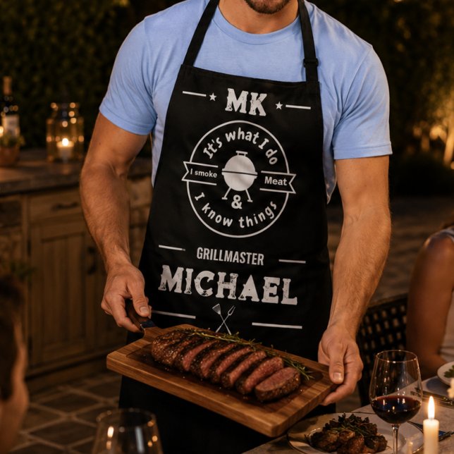 It's What I Do I Smoke Meat & I Know Things Funny  Apron (aprons personalized monogram for him masculine husband chef gift birthday BBQ barebecue summer )