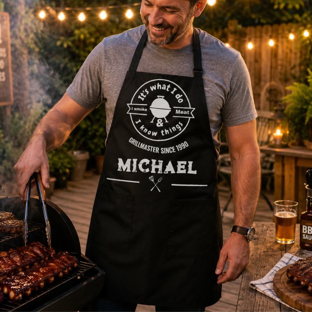 It's What I Do I Smoke Meat & I Know Things Funny  Apron (aprons for him grillmaster cooking chef modern BBQ funny gifts birthday custom personalize anme)