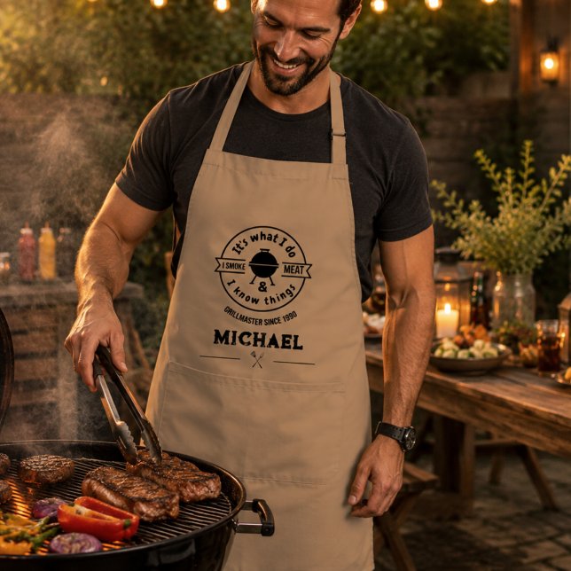 It's What I Do I Smoke Meat & I Know Things Funny  Standard Apron (Backyard BBQ Master since year established grill master grilling steaks and burgers chef men cooking)