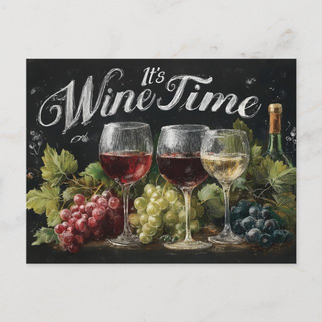 "It's Wine Time" Rustic Chalkboard Art Holiday Postcard (Front)