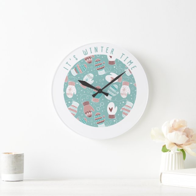 It's Winter Time Christmas Mittens Pattern in Mint Large Clock (Home)