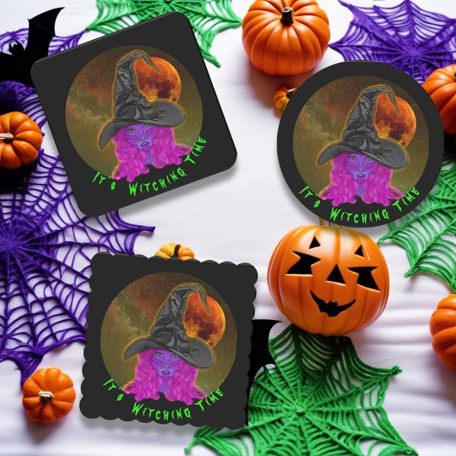 It's Witching Time Halloween Witch Paper Coaster (Square, Round, Scalloped)