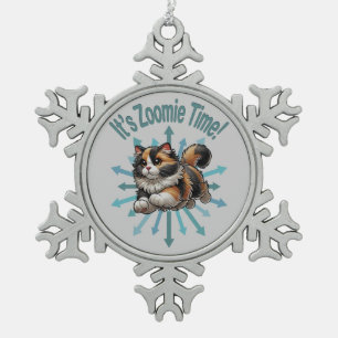 It's Zoomie Time Calico Cat Snowflake Pewter Christmas Ornament