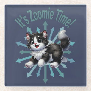 It's Zoomie Time Cute Black & White Cat Glass Coaster