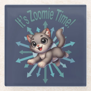 It's Zoomie Time Cute Grey & White Cat Glass Coaster