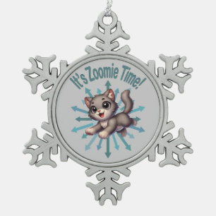 It's Zoomie Time Cute Grey & White Cat Snowflake Pewter Christmas Ornament