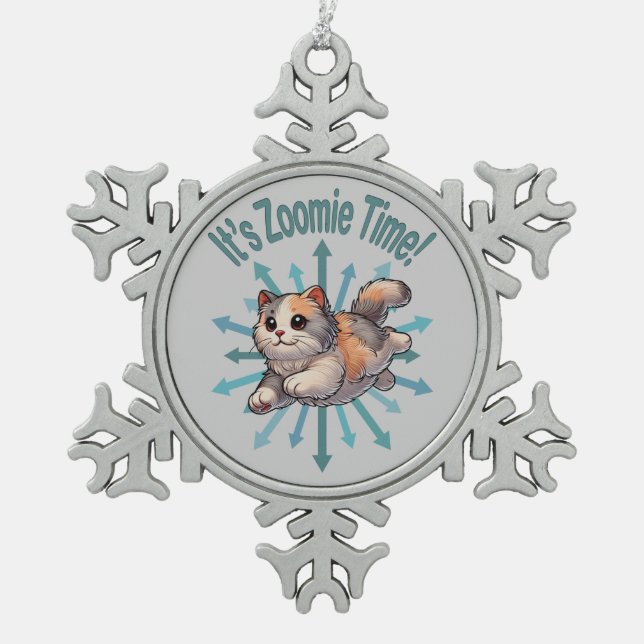 It's Zoomie Time Dilute Calico Cat Snowflake Pewter Christmas Ornament (Front)