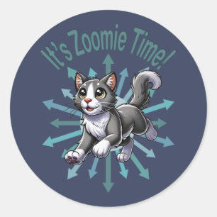 It's Zoomie Time Grey Bicolor Cat Classic Round Sticker