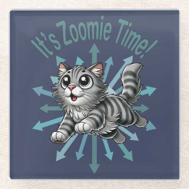 It's Zoomie Time Grey Tabby Cat Glass Coaster (Front)