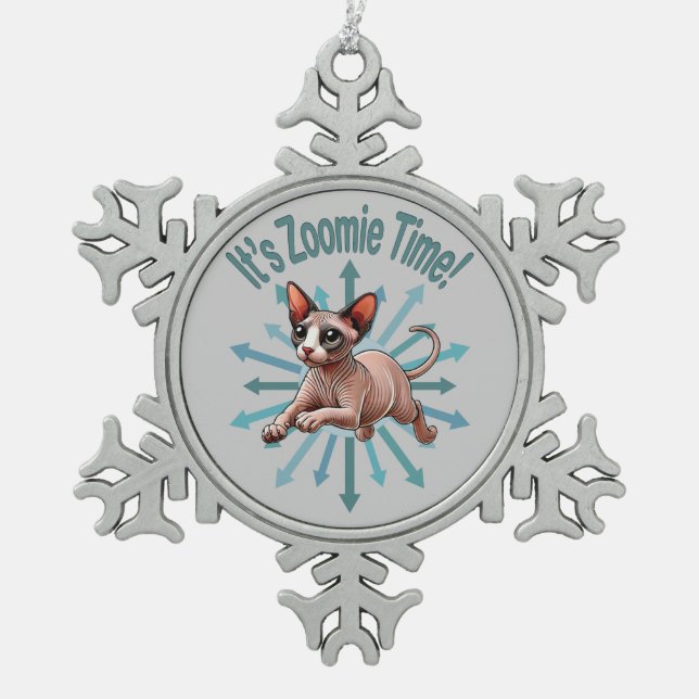 It's Zoomie Time Sphynx Cat Snowflake Pewter Christmas Ornament (Front)