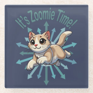 It's Zoomie Time Tan Bicolor Cat Glass Coaster