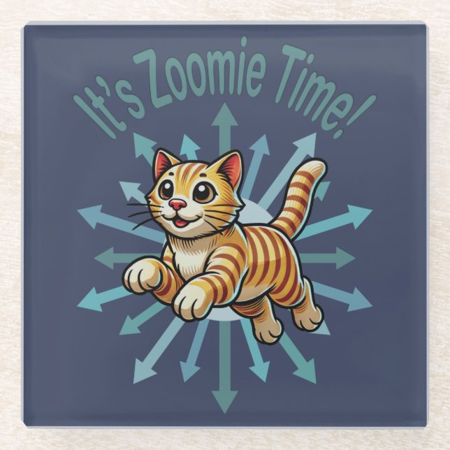 It's Zoomie Time Tiger Cat Glass Coaster (Front)