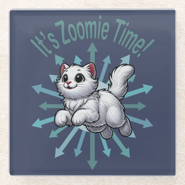 It's Zoomie Time White Cat Glass Coaster (Front)