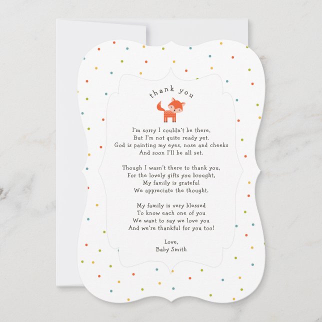 Itty Bitty Fox thank you note with poem (Front)
