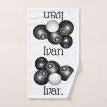 Ivan Name With Lawn Bowls Design, Hand Towel<br><div class="desc">Pictured are black lawn bowls and jack with a men called Ivan name</div>