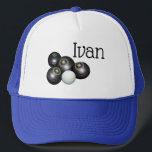 Ivan Name With Lawn Bowls Design, Truckers Hat<br><div class="desc">Pictured are black lawn bowls and jack with a men called Ivan name</div>