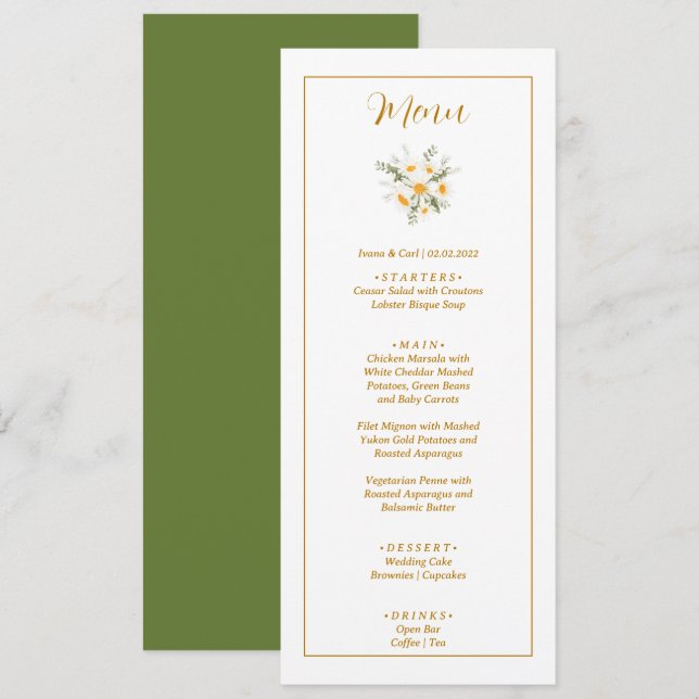 IVANA Elegant Yellow & White Flower Wedding Menu (Front/Back)