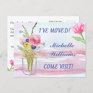 I've Moved Budget Elegant Pink Rose Floral Moving Announcement Postcard
