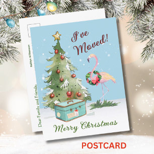 I've Moved Budget Flamingo Christmas Tree Announcement Postcard