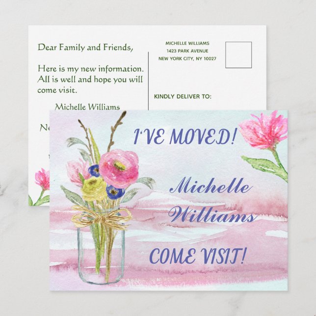I've Moved Classic Watercolor Floral Move  Announcement Postcard (Front/Back)