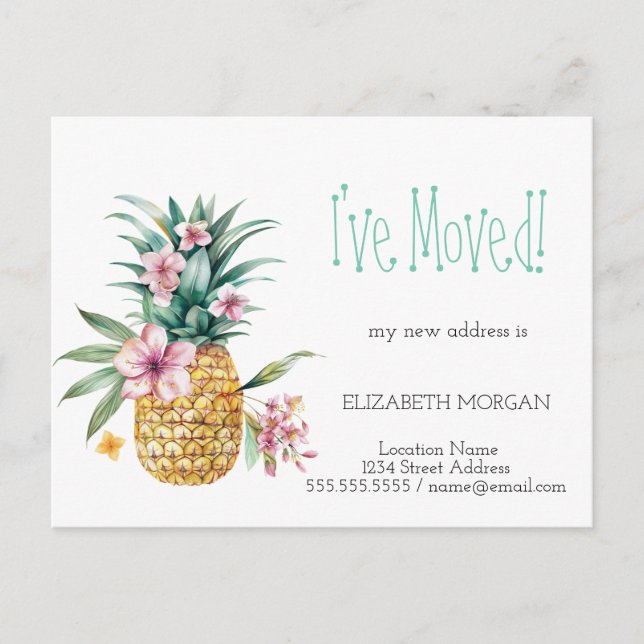 I've Moved,Green,Floral Pineapple New Address  Announcement Postcard (Front)