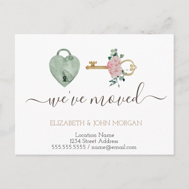 I've Moved Key Flowers Padlock New Address Announcement Postcard (Front)