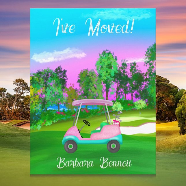 I've Moved Sunset Golf Course Pink Golf Cart  Postcard (Creator Uploaded)