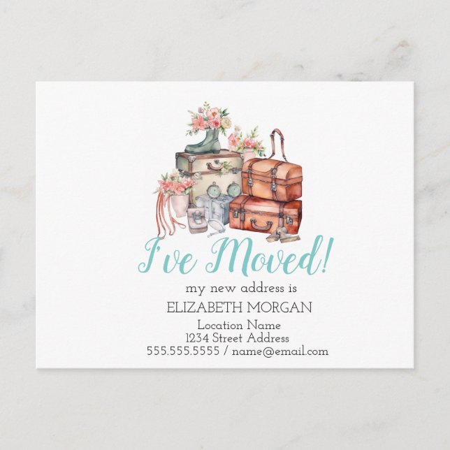 I've Moved,Watercolor Floral Suitcases Announcement Postcard (Front)
