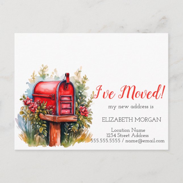 I've Moved,Watercolor Mailbox Red Flowers Announcement Postcard (Front)