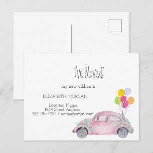 I've Moved,Watercolor Pink Car, New Address Announcement Postcard