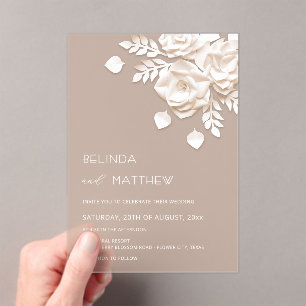 Ivory 3D Flowers Roses Minimalist Wedding  Invitat Acrylic Invitations