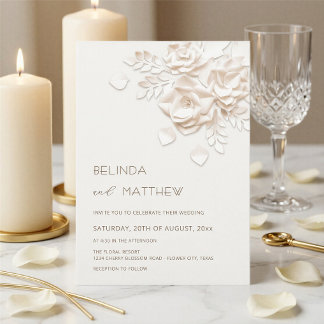 Ivory 3D Flowers Roses Minimalist Wedding Invitat Invitation