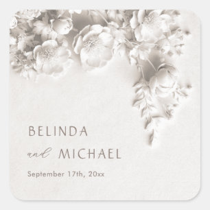 Ivory 3D Flowers Roses Minimalist Wedding Square Sticker