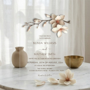 Ivory 3D Magnolia Flower Clear Wedding Acrylic Invitations