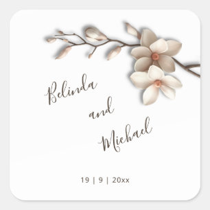 Ivory 3D Magnolia Flowers   Wedding Square Sticker