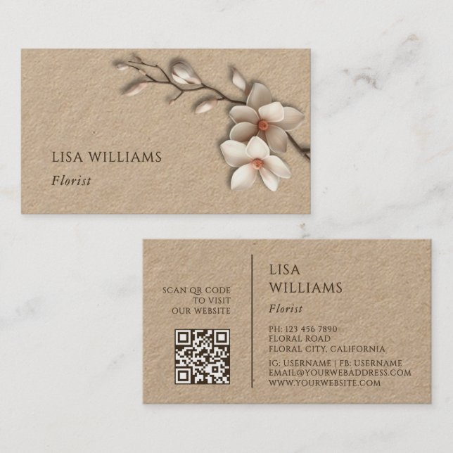 Ivory 3D Magnolia Rustic | QR Code Business Card (Front/Back)