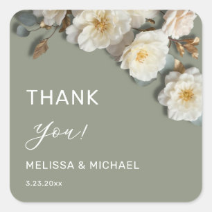 Ivory 3D Roses Wedding Thank You Square Sticker