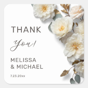 Ivory 3D Roses Wedding Thank You Square Sticker