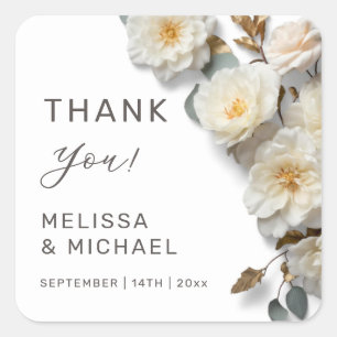 Ivory 3D Roses Wedding Thank You Square Sticker