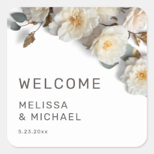 Ivory 3D Roses Wedding Welcome Square Sticker